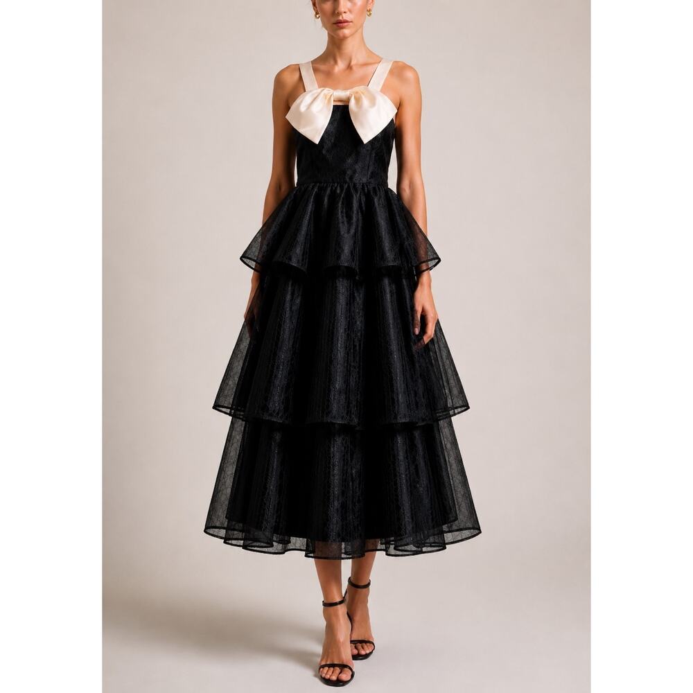 Lulus Organza Tiered Midi Dress Large Satin Bow Coquette Balletcore Cocktail NWT